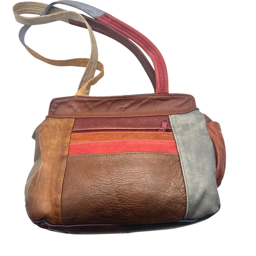 Vintage 70s Multi Color Reverse Patchwork Leather Shoulder Bag Boho Mexico Tote